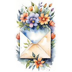 vintage-style envelope, overlaid and surrounded by a vibrant array of watercolor spring flowers. The soft pastel colors evoke a sense of gentle nostalgia and the joy of receiving a heartfelt letter.