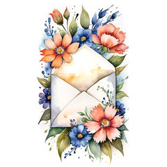 watercolor illustration featuring a vintage envelope set against a vibrant backdrop of spring flowers. The soft hues of orange and blue blossoms complement the gentle tones of the envelope, suggesting