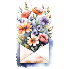 nature with a beautiful array of watercolor flowers artistically blooming from an envelop. The delicate blend of colors and the imaginative concept evoke a sense of wonder and tranquility.