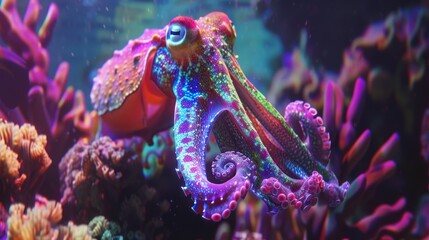 Spectacular Marine Life: Vibrant Octopus in a Mesmerizing Underwater Dance, Glowing in the Depths of Ocean Mysteries - obrazy, fototapety, plakaty