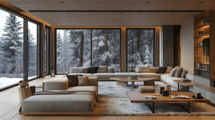 A large living room with orange couches and a wooden design. The room has a wall of windows looking out into a snowy forest.