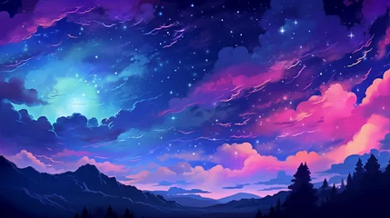 Behangcirkel Hand drawn cartoon beautiful night sky illustration © YU