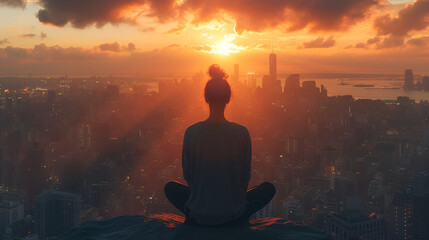 A Woman Sitting on a Stone Ledge Watching a Sun Setting on a City