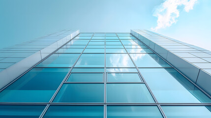 Fototapeta premium View of a contemporary glass skyscraper reflecting the blue sky