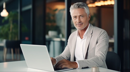 Mature Professional Business Man Typing On A Laptop. Management, Work, Office Business Concept