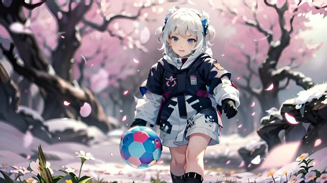 In the anime, an energetic girl plays soccer with captivating skills, Seamless looping time-lapse animation video background  Generated AI
