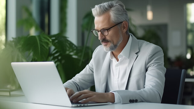 Mature Professional Business Man Typing On A Laptop. Management, Work, Office Business Concept
