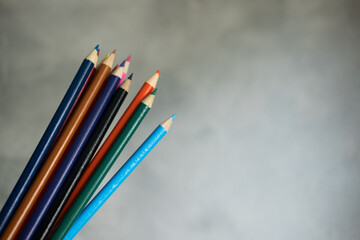 Hands with paints, hold a bunch of colored pencils for drawing, hobbies. The colors of the rainbow