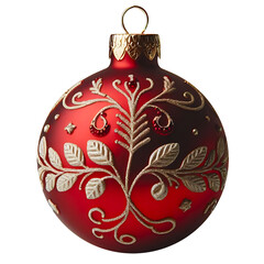 red christmas ball with floral patterns isolated on transparent background, PNG image AI generated