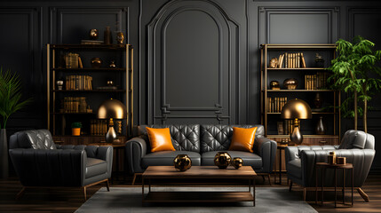 Living room in gray and black colors. blank empty dark room interior. Design in minimalist style. Graphite sofa and herringbone beige accent.