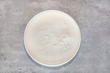 Cassava flour made from the whole root of the cassava plant. Top view of cassava flour in a white bowl.