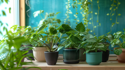 Tropical houseplants background with copy space