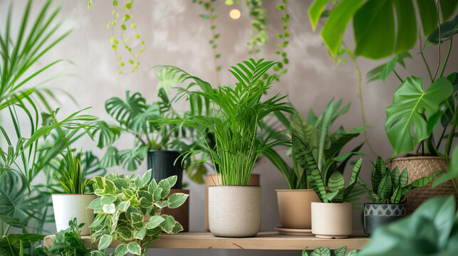 Tropical houseplants background with copy space