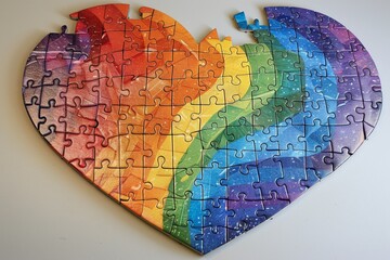 A colorful heart-shaped puzzle with missing pieces in the shape of different pride flags, including a prominent peach heart, symbolizing the ongoing journey towards LGBTQ+ equality and inclusion