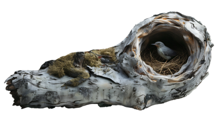 A bird in a nest on an old tree branch on a transparent background
