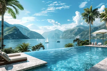 Rolgordijnen A luxurious infinity pool overlooking a vast, turquoise lake, surrounded by sun loungers and palm trees, with sailboats skimming the water in the distance © IzhaanXcreations07