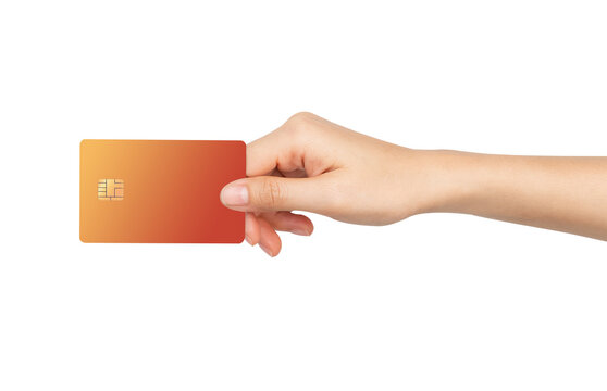 Hand holding credit card on isolated background.