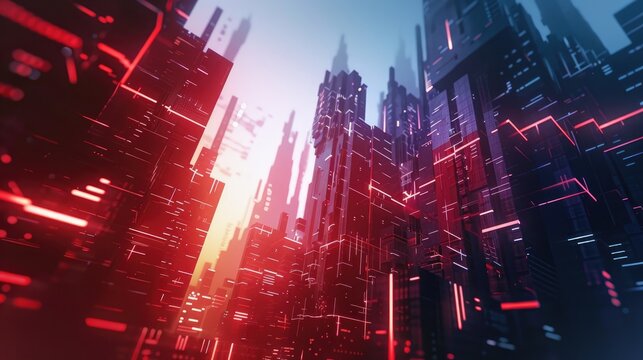 Futuristic cityscape with glowing neon lights. abstract illustration art wallpaper, banner, texture, pattern. Digital artwork graphic
