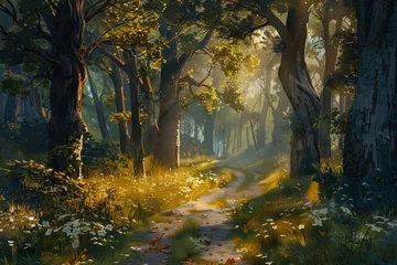 Fotobehang A sun-dappled forest path winding through towering trees, their leaves swaying gently in the warm summer breeze © IzhaanXcreations07