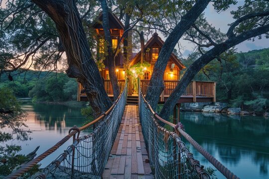 Fototapeta A whimsical treehouse perched high in the branches above a secluded lake, accessible only by a rope bridge, with a cozy interior offering stunning views and a sense of adventure