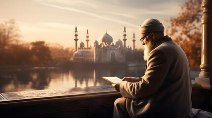 Islamic religious man reading holy book quran.
