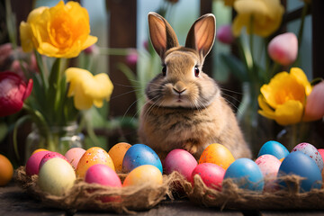 easter bunny and easter eggs, Rabbit next to some easter eggs