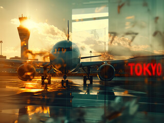 Commercial airplane landing with "TOKYO" sign in the foreground, travel Japan tourism concept, double exposure