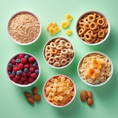 Six bowls of cereal, nuts, and berries on a green surface. Generative AI.