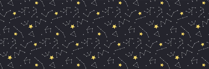 Fototapeta premium Baby cute seamless pattern with space elements on dark background. Hand drawn flat cartoon style. Vector illustration