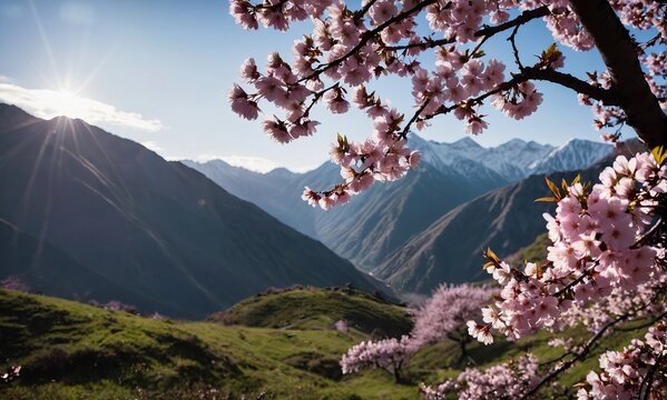cherry blossoms in bloom in front of mountains. Generative AI.
