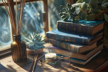 Books stack, eyeglasses, house plants succulents and fragrant candle and sticks. Background for World Book Day. Still life with stack of colorful books and home interior decor - generative ai - obrazy, fototapety, plakaty