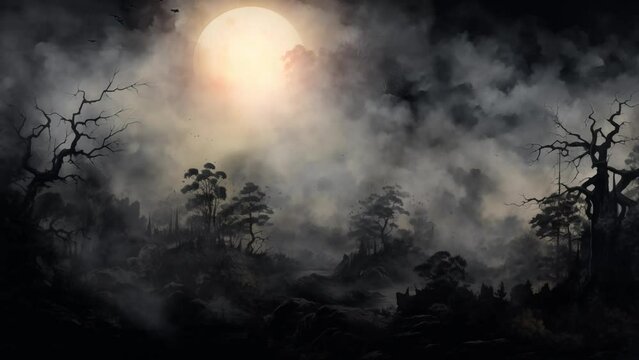 enchanting moonlit forest materializing through smoke. seamless looping overlay 4k virtual video animation background 