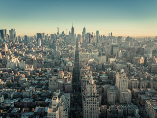 New York City skyline panorama. Cityscape view of Manhattan skyscrapers, morning light, aerial view