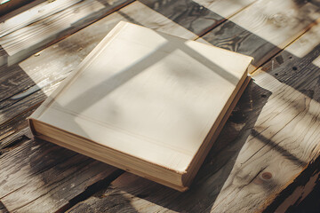 A square book mockup on a rustic wooden table, basking in soft natural light, creates a cozy atmosphere with subtle shadows, shot from an elevated angle to highlight cover details. - obrazy, fototapety, plakaty