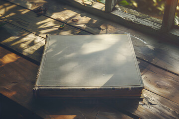 A square book mockup on a rustic wooden table, basking in soft natural light, creates a cozy atmosphere with subtle shadows, shot from an elevated angle to highlight cover details.