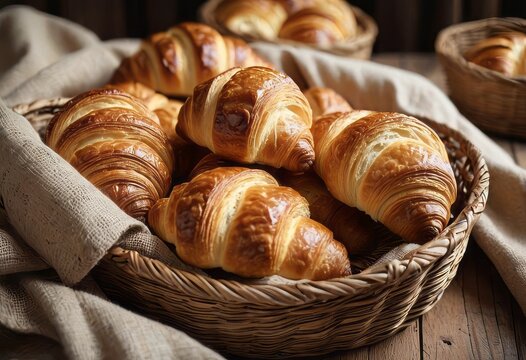 Artisan Croissants in a Basket with Warm Morning Light
