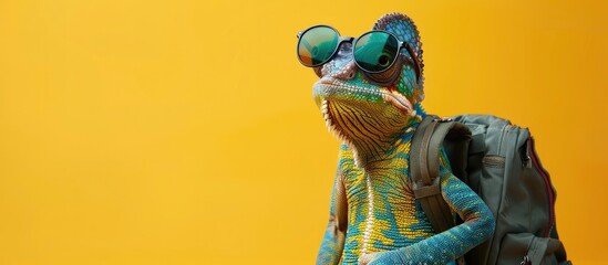 Fashionable Chameleon Sporting Sunglasses and a Backpack, Posing Against a Yellow Background for a Cool and Funny Vibe - obrazy, fototapety, plakaty