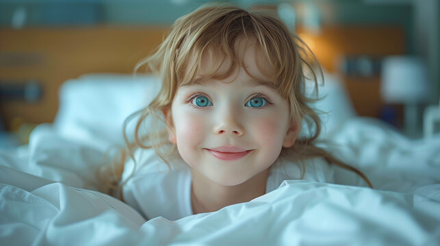A cheerful child lies on a hospital bed among white sheets.