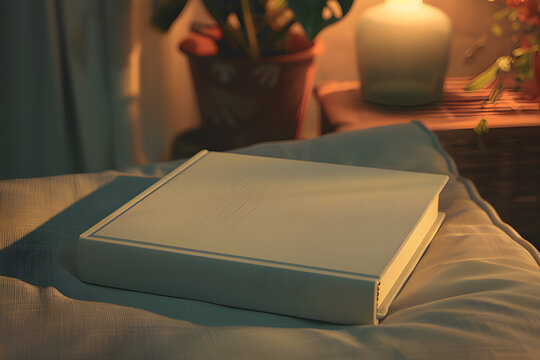 A book mockup in a cozy corner with soft light, showcasing page texture and colors, available for customization.