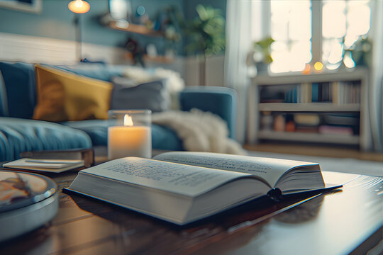 A photograph of a coffee table book mockup with elegant typography in a cozy living room, captured from a slightly elevated angle.