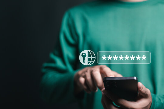 Cyber security concept. Person use smartphone to login and password for secured internet access and data protection and. cybersecurity