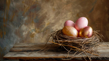 Festive Easter background with pink eggs in a nest on a wooden table