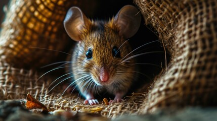 A curious mouse peeks through a hole in a burlap sack, exploring its surroundings. Generative AI.