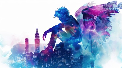 Innovative Double Exposure Artwork Blending Silhouette of Cupid Sitting on a Rock with Shades of the Skyline, Infused with Neon Blue, Purple, and Grape Tones