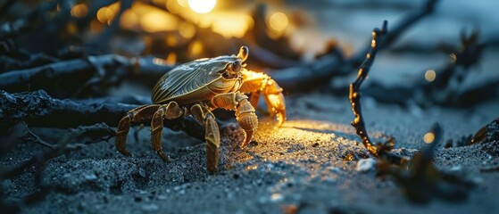 An adventurous hermit crab scuttles on the sandy beach at sunset. Generative AI. - Powered by Adobe