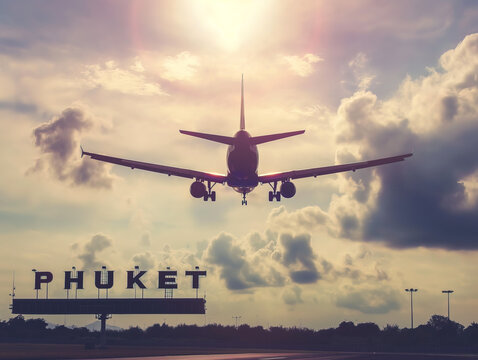 Plane landing in Phuket with "PHUKET" road sign in frame