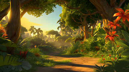 an animated cartoon jungle with trees flowers and bushes