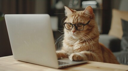 Cute cat wearing glasses and using laptop. Office worker concept.