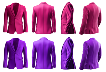 2 Set of magenta purple pink, front back side view, business collar suit blazer jacket coat on transparent background cutout, PNG file. Mockup template for artwork graphic design