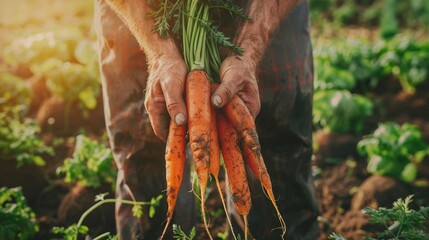 Farmer shows freshly harvested carrots in the garden.